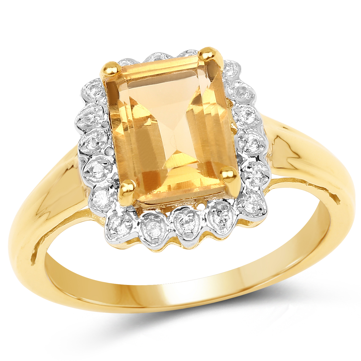 14K Yellow Gold Plated 2.29 Carat Genuine Golden Citrine and White Topaz .925 Sterling Silver Ring