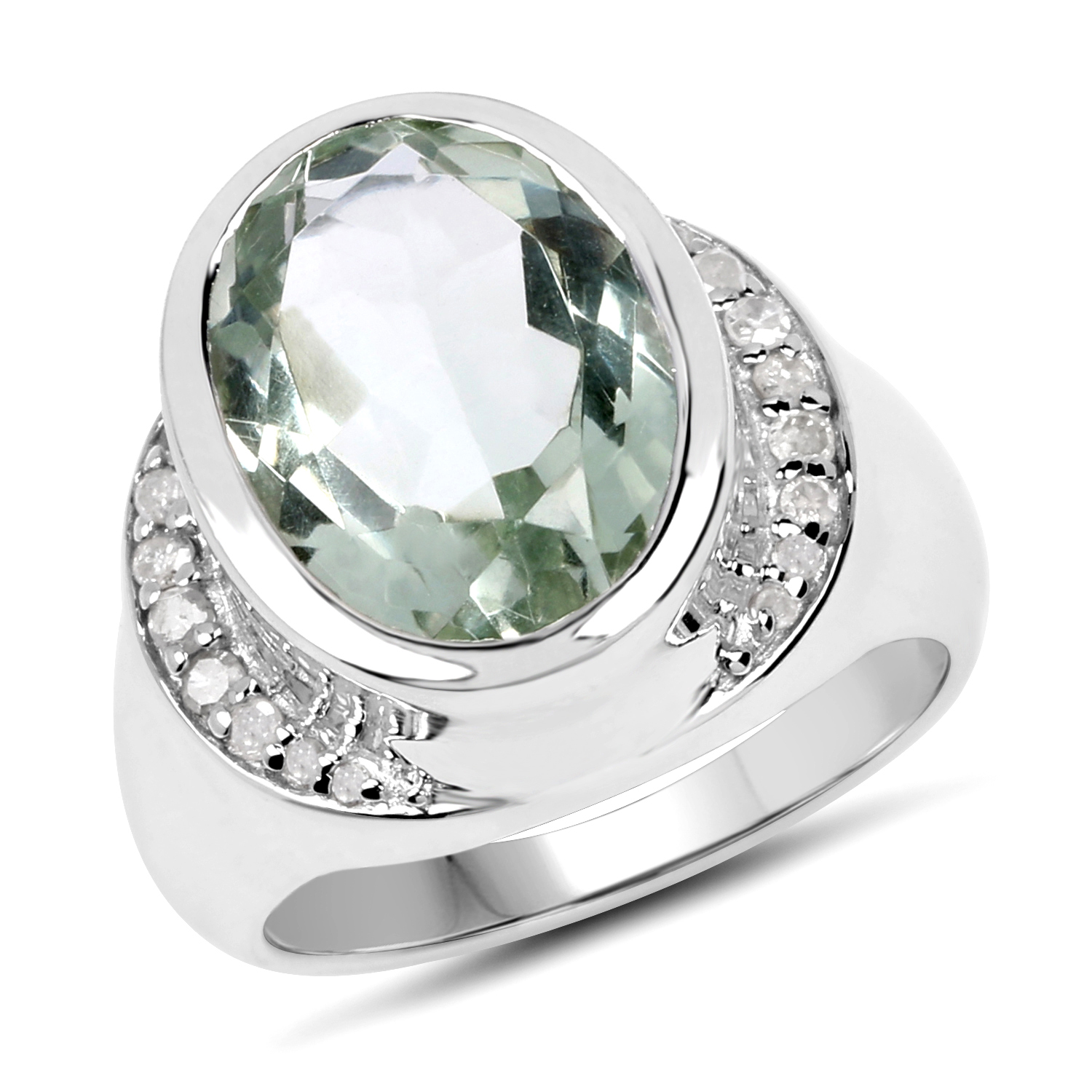 5.39 Carat Genuine Green Amethyst & White Diamond .925 Sterling Silver Ring