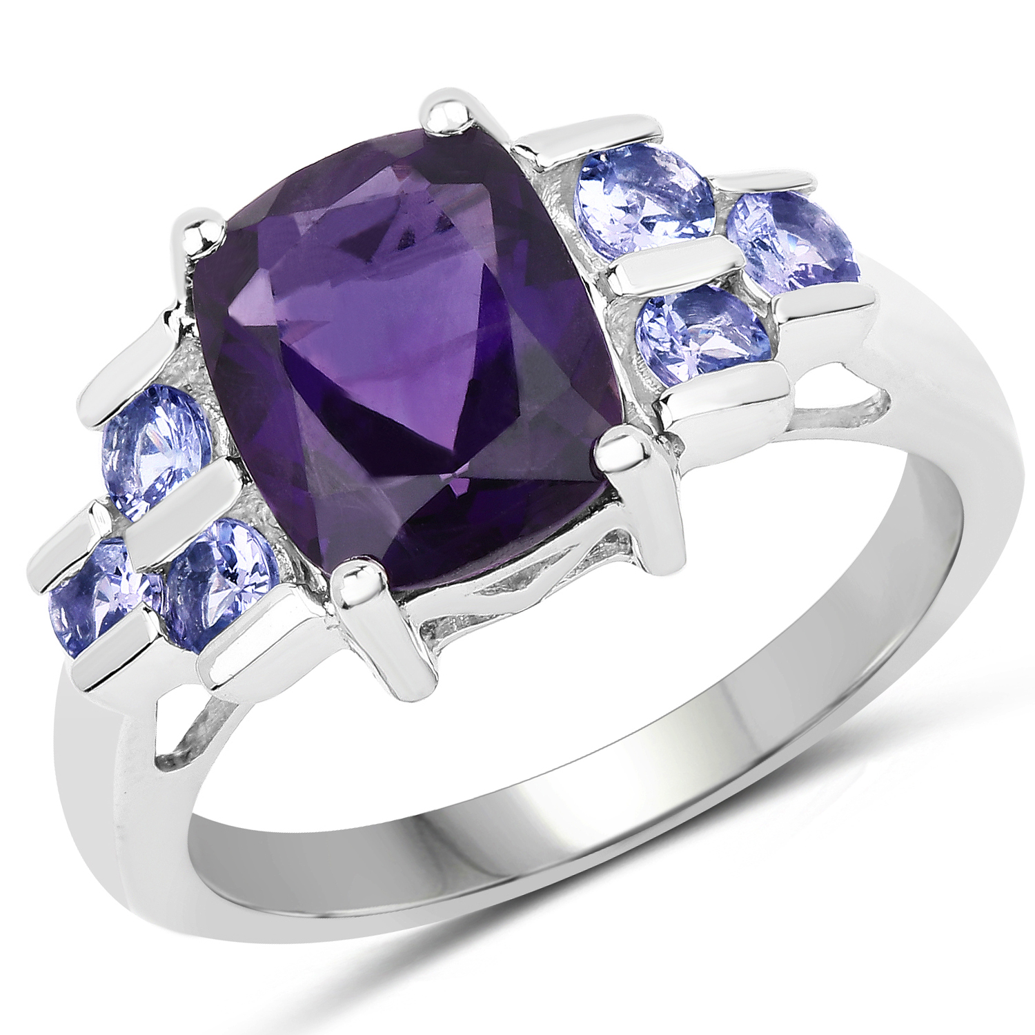 3.20 Carat Genuine Amethyst and Tanzanite .925 Sterling Silver Ring