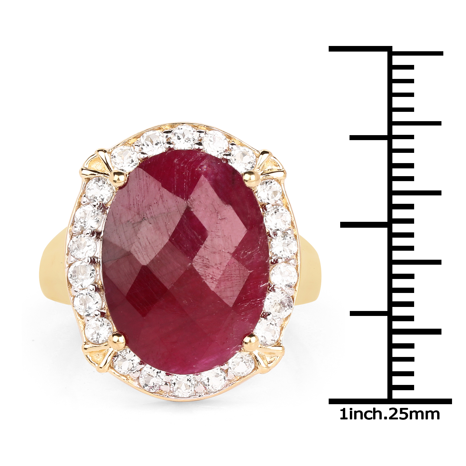 18K Yellow Gold Plated 11.68 Carat Dyed Ruby and White Topaz .925 Sterling Silver Ring