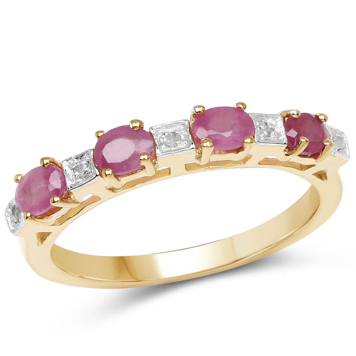 14K Yellow Gold Plated 0.91 Carat Genuine Ruby and White Diamond .925 Sterling Silver Ring