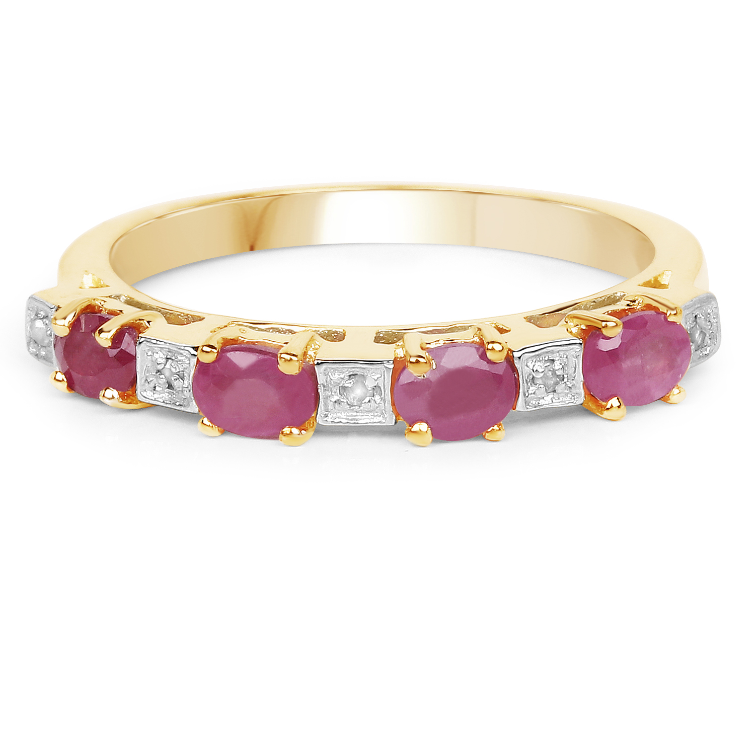14K Yellow Gold Plated 0.91 Carat Genuine Ruby and White Diamond .925 Sterling Silver Ring