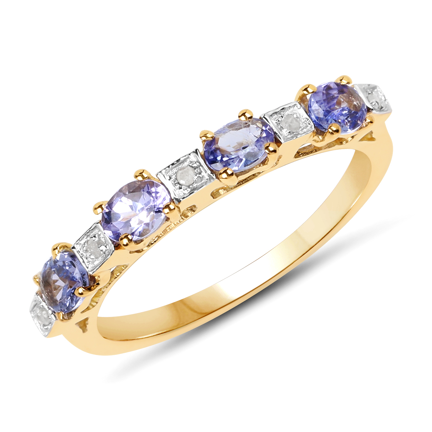14K Yellow Gold Plated 0.71 Carat Genuine Tanzanite & White Diamond .925 Sterling Silver Ring