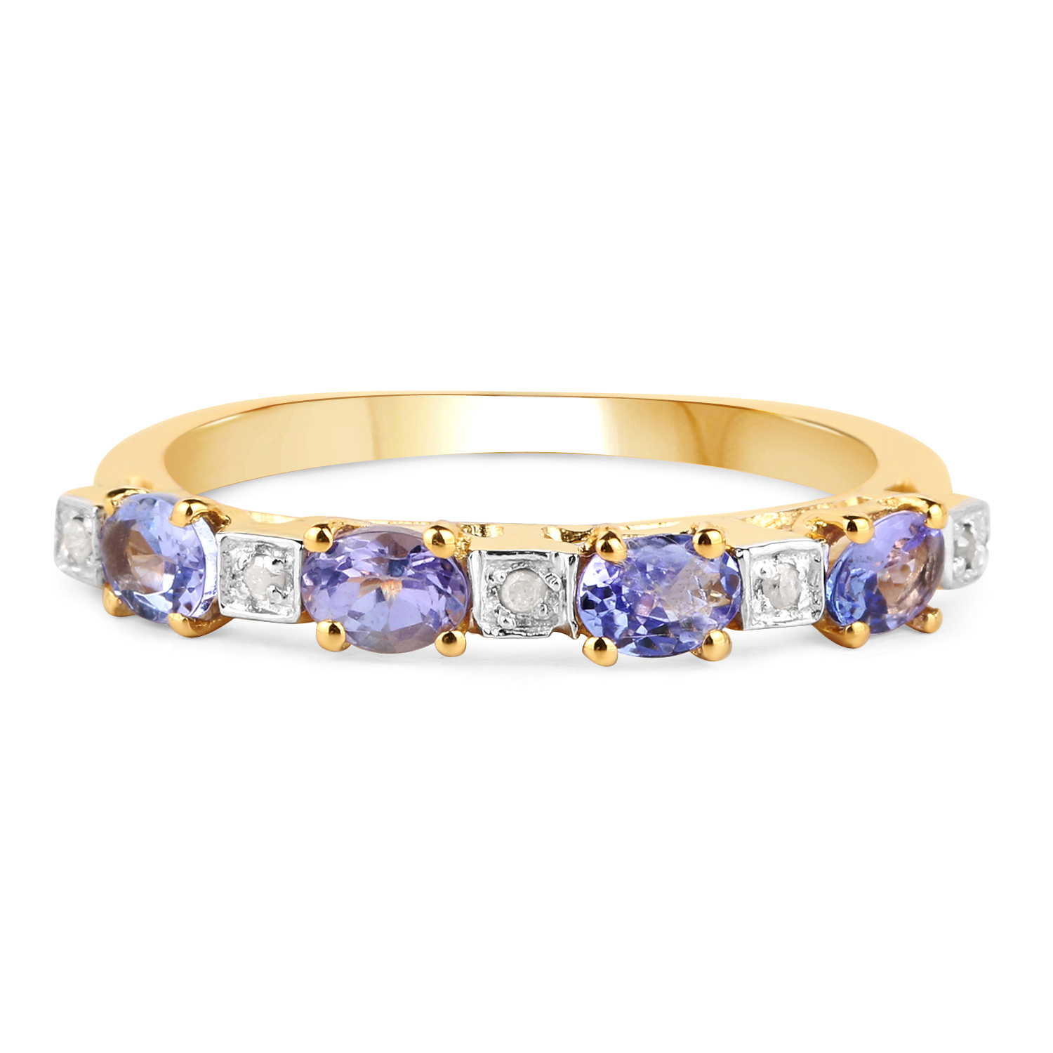 14K Yellow Gold Plated 0.71 Carat Genuine Tanzanite & White Diamond .925 Sterling Silver Ring