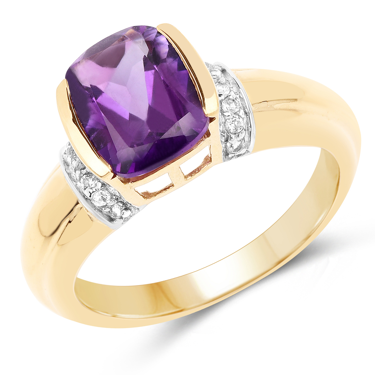 14K Yellow Gold Plated 1.87 Carat Genuine Amethyst & White Topaz .925 Sterling Silver Ring