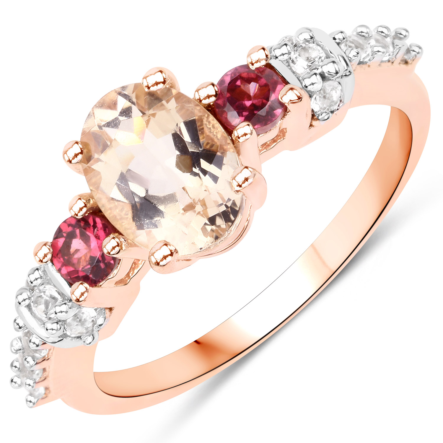 1.52 Carat Genuine Morganite, Rhodolite and White Topaz .925 Sterling Silver Ring