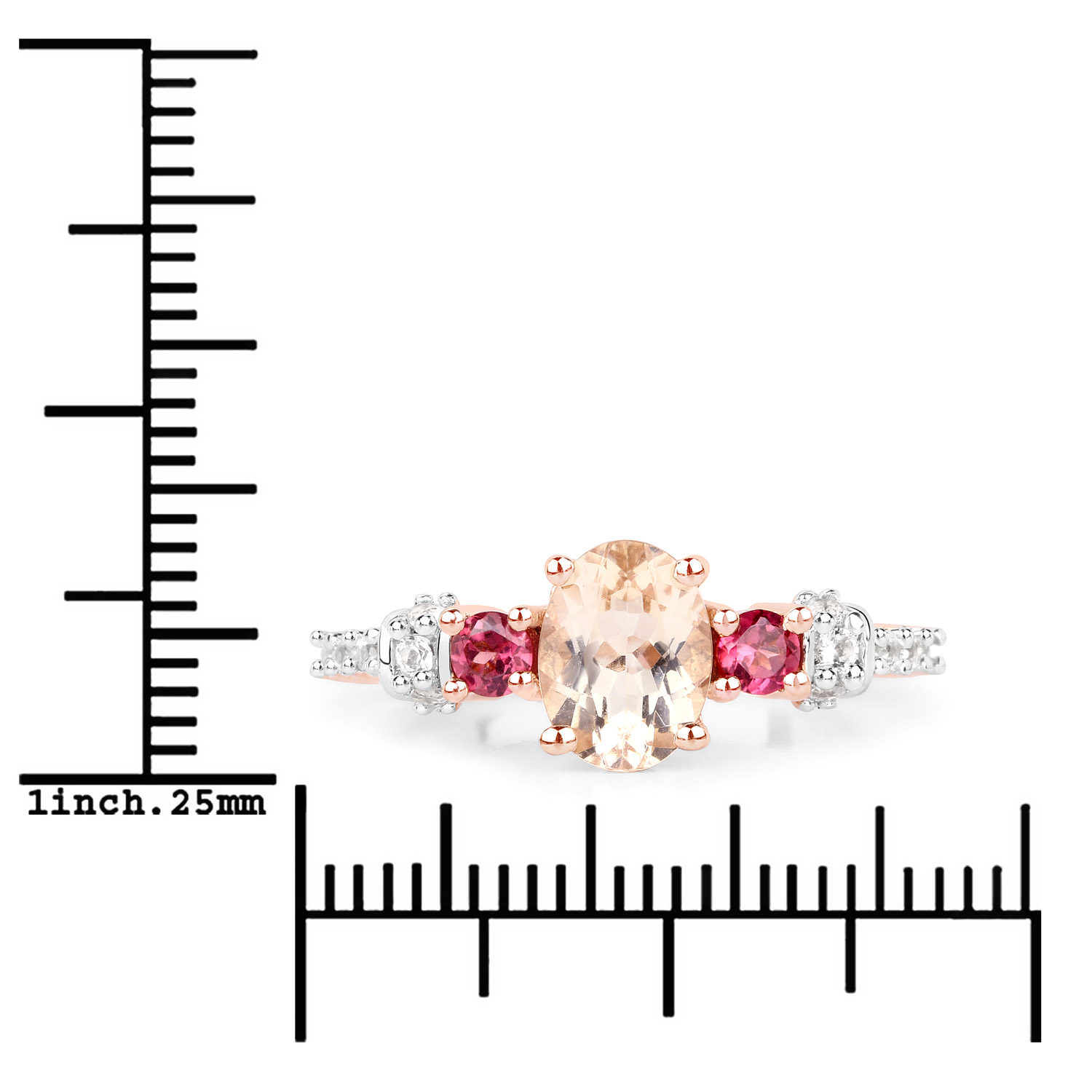 1.52 Carat Genuine Morganite, Rhodolite and White Topaz .925 Sterling Silver Ring