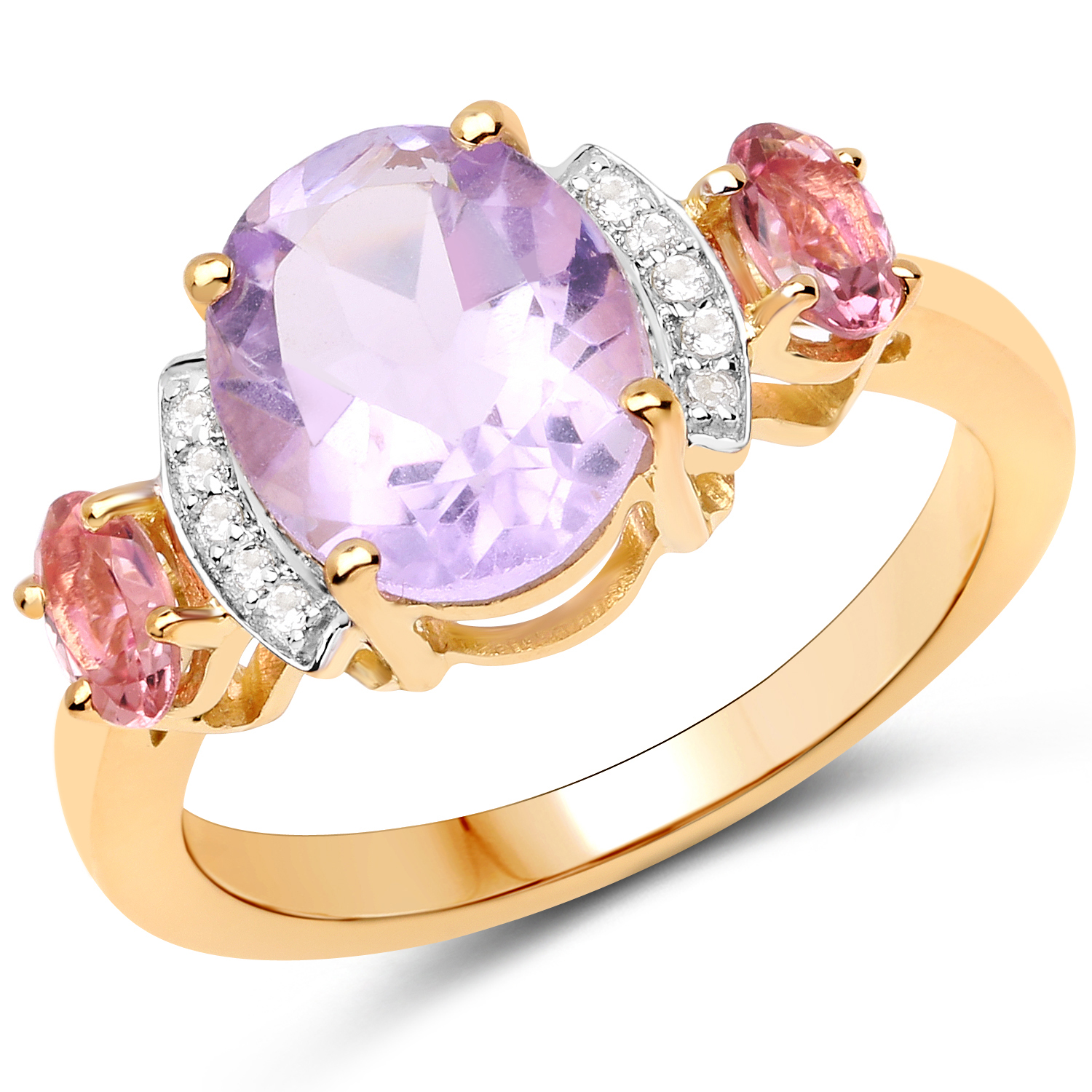 14K Yellow Gold Plated 2.56 Carat Genuine Pink Amethyst, Pink Tourmaline and White Topaz .925 Sterling Silver Ring