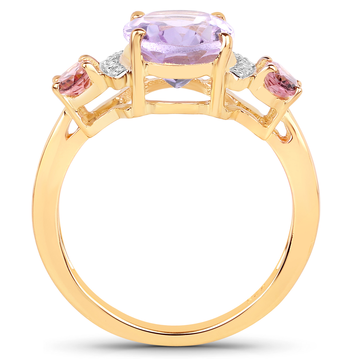 14K Yellow Gold Plated 2.56 Carat Genuine Pink Amethyst, Pink Tourmaline and White Topaz .925 Sterling Silver Ring