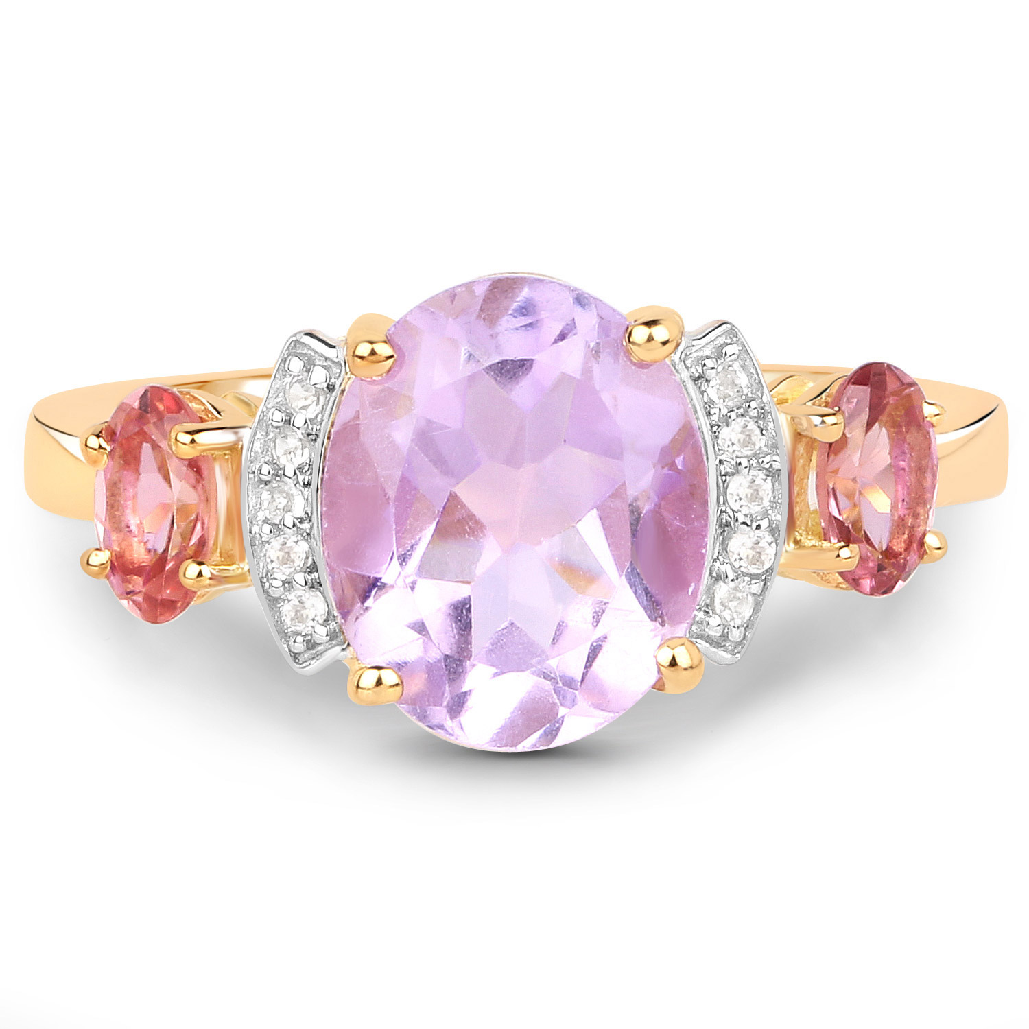 14K Yellow Gold Plated 2.56 Carat Genuine Pink Amethyst, Pink Tourmaline and White Topaz .925 Sterling Silver Ring