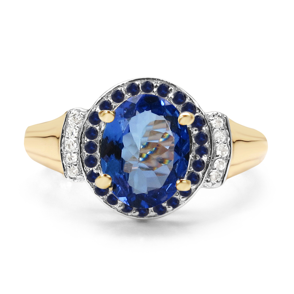 2.22 Carat Genuine Tanzanite, Blue Sapphire & White Diamond 10K Yellow Gold Ring