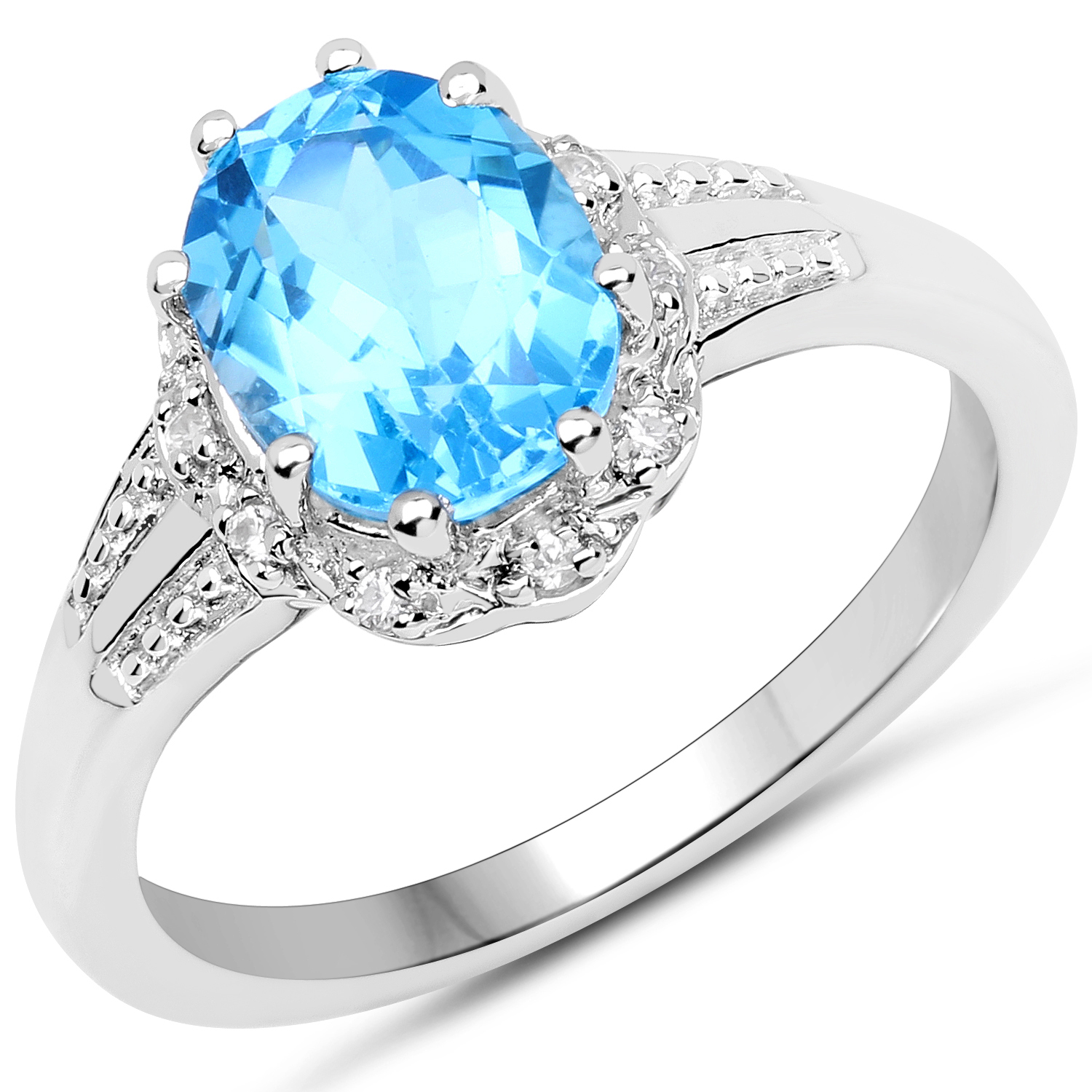 2.07 Carat Genuine Swiss Blue Topaz and White Zircon .925 Sterling Silver Ring