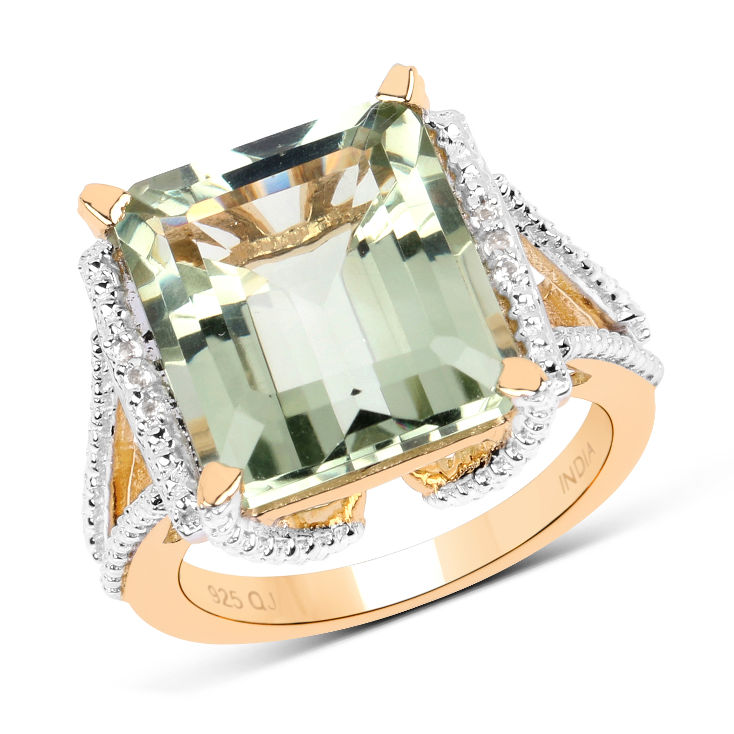 14K Yellow Gold Plated 9.06 Carat Genuine Green Amethyst and White Topaz .925 Sterling Silver Ring