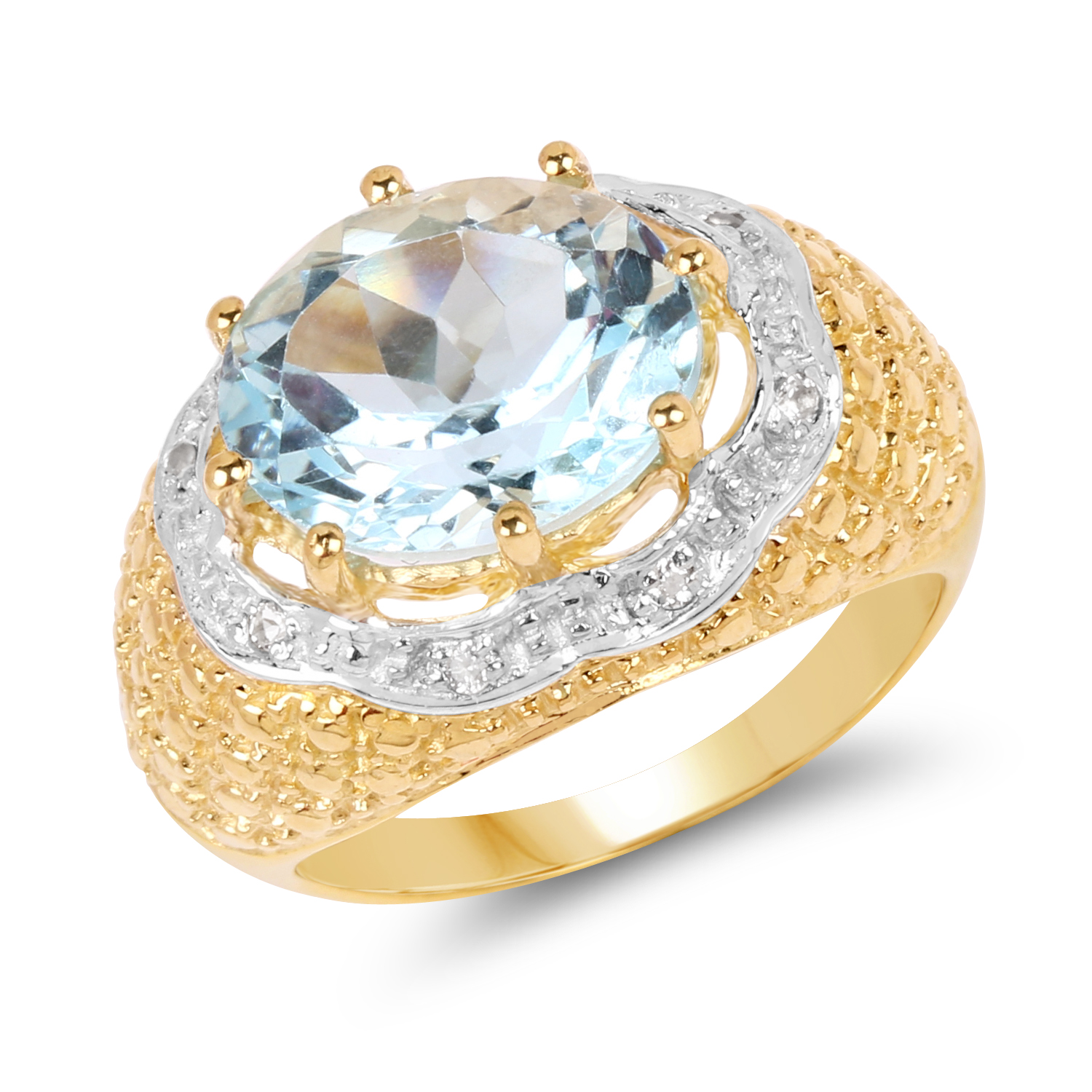 14K Yellow Gold Plated 5.27 Carat Genuine Blue Topaz & White Topaz .925 Sterling Silver Ring