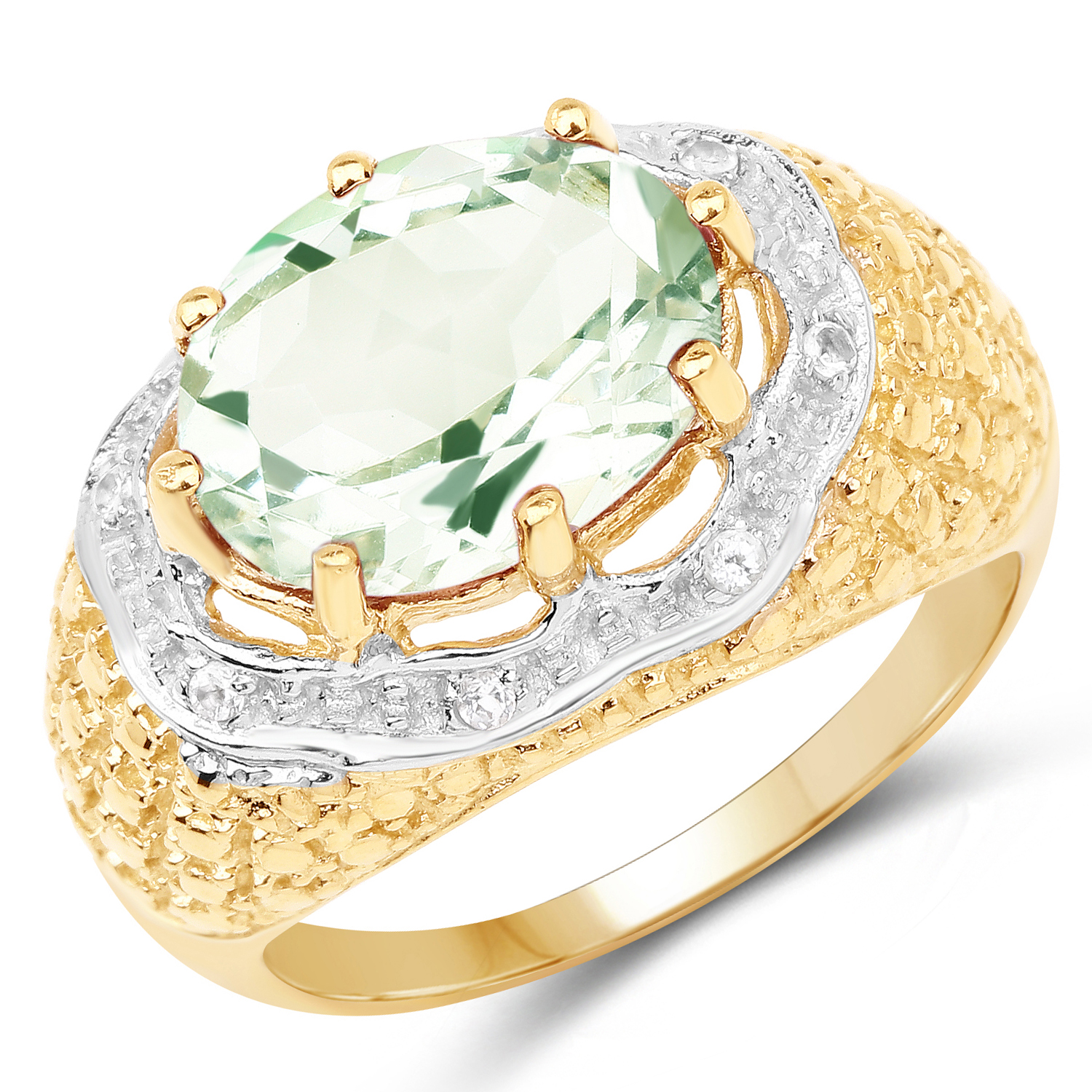 14K Yellow Gold Plated 4.37 Carat Genuine Green Amethyst and White Topaz .925 Sterling Silver Ring