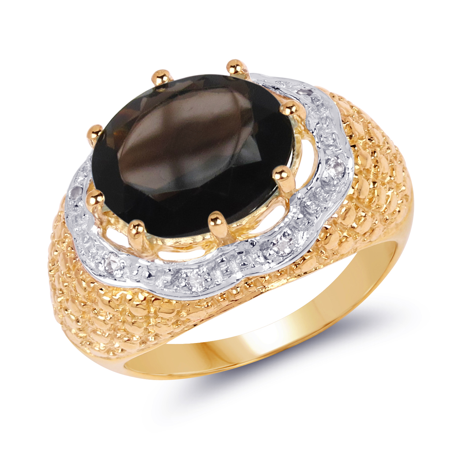 14K Yellow Gold Plated 4.73 Carat Genuine Smoky Quartz & White Topaz .925 Sterling Silver Ring