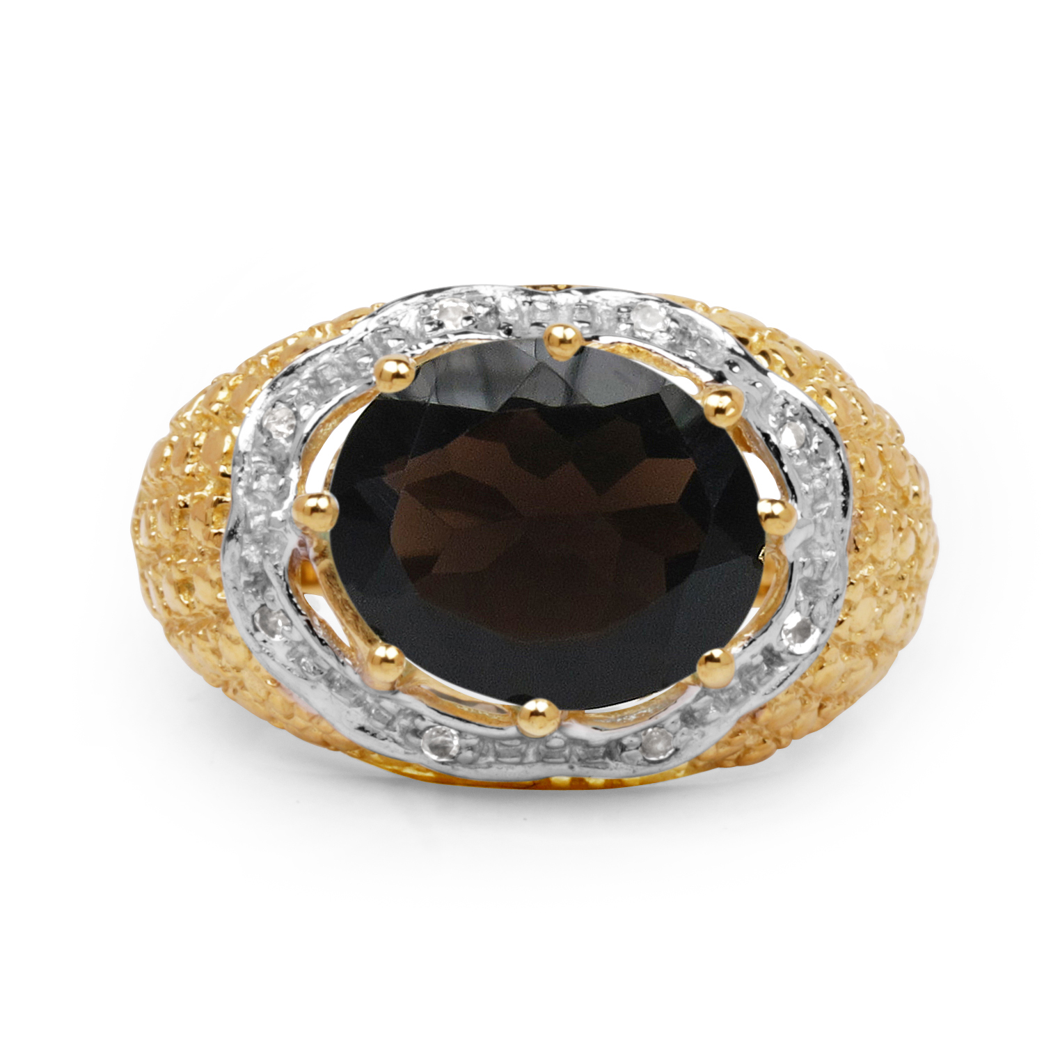 14K Yellow Gold Plated 4.73 Carat Genuine Smoky Quartz & White Topaz .925 Sterling Silver Ring