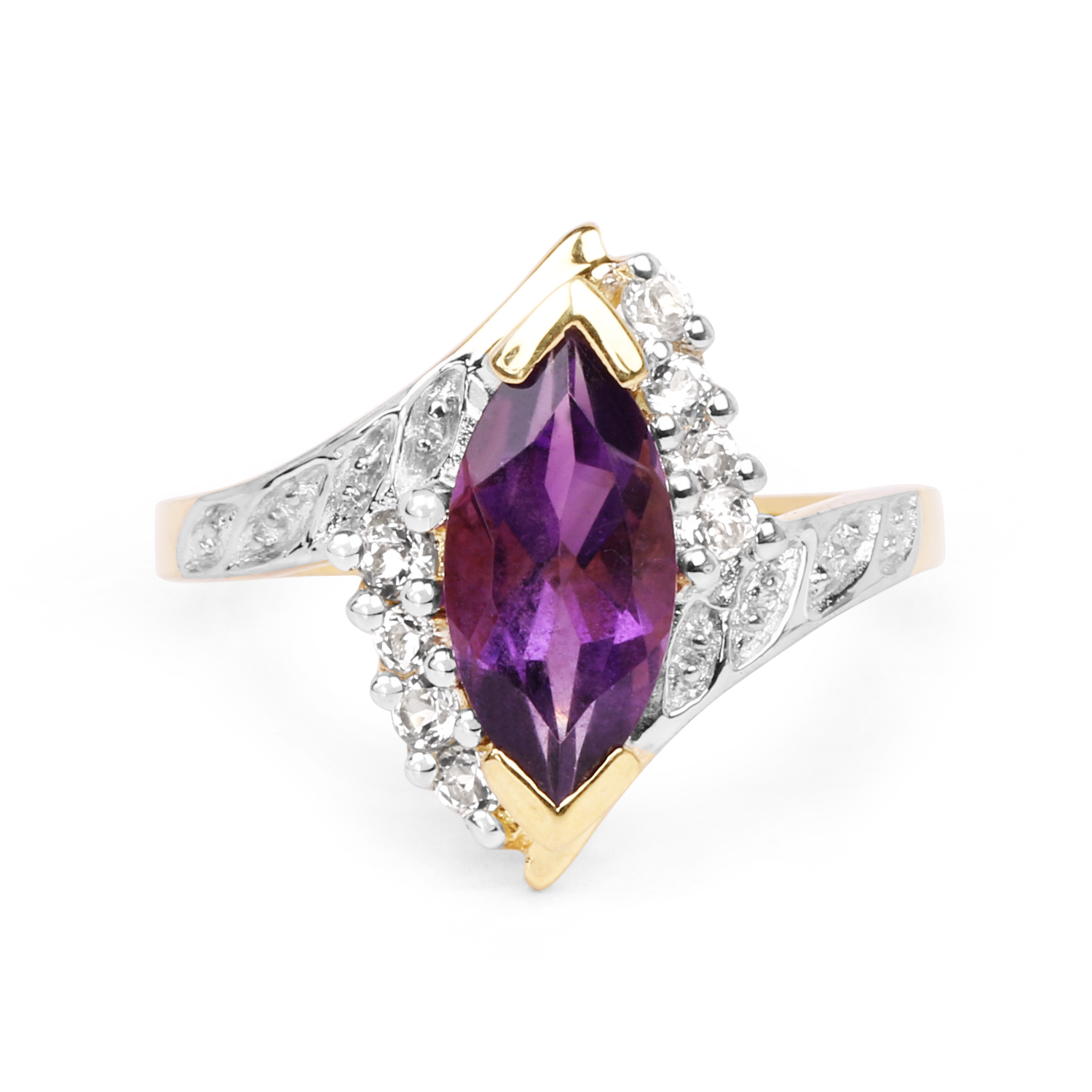 14K Yellow Gold Plated 1.77 Carat Genuine Amethyst and White Topaz .925 Sterling Silver Ring