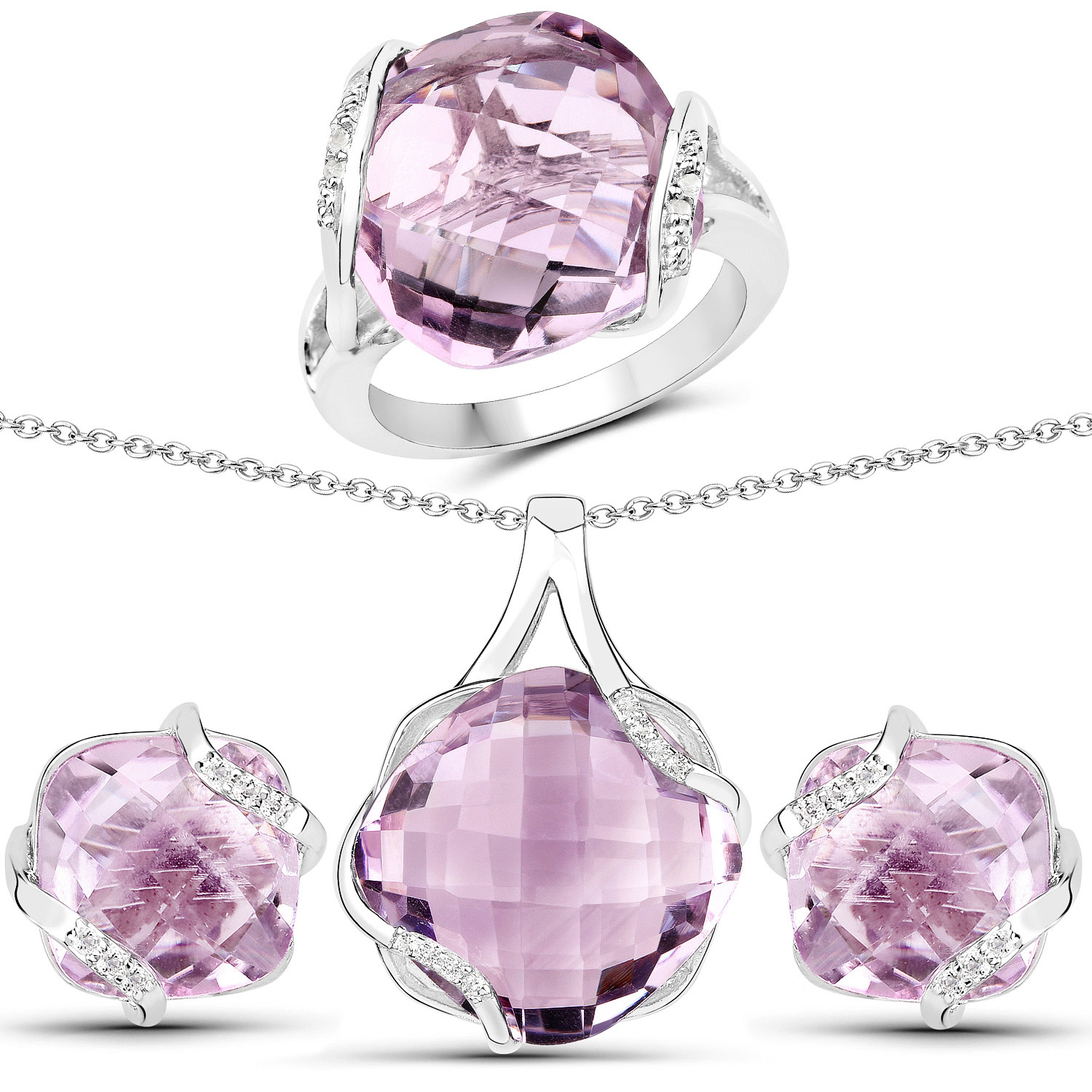 31.22 Carat Genuine Pink Amethyst and White Topaz .925 Sterling Silver 3 Piece Jewelry Set (Ring, Earrings, and Pendant w/ Chain)