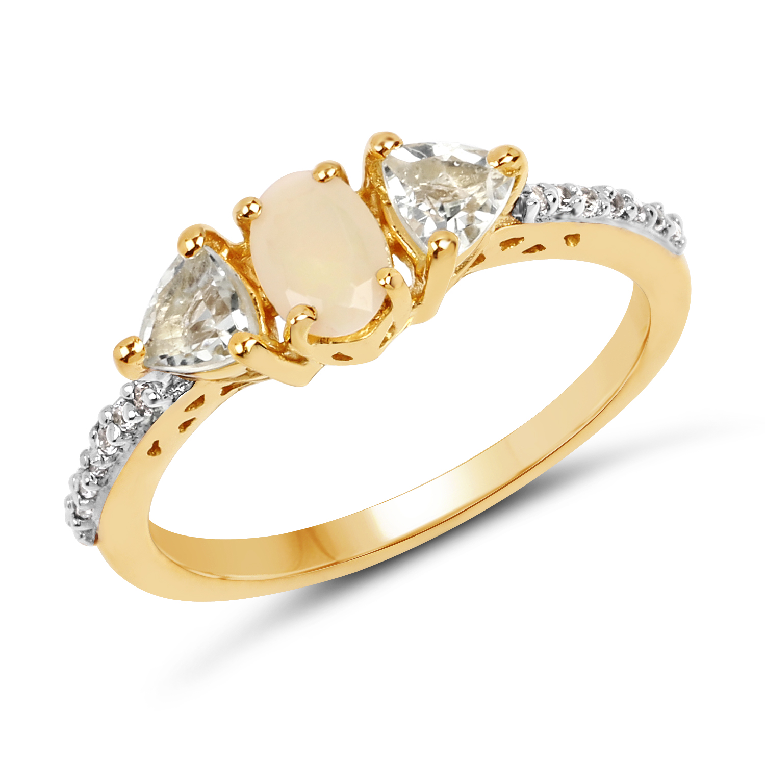 14K Yellow Gold Plated 0.79 Carat Genuine Ethiopian Opal, Green Amethyst and White Topaz .925 Sterling Silver Ring