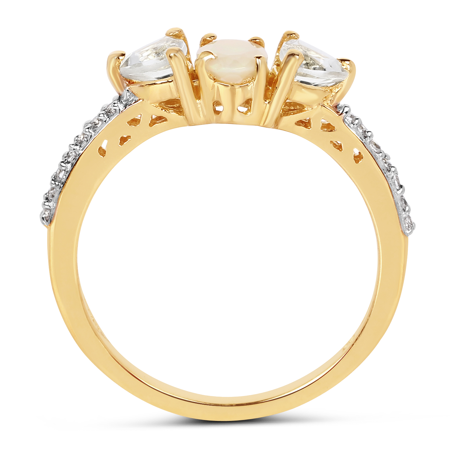 14K Yellow Gold Plated 0.79 Carat Genuine Ethiopian Opal, Green Amethyst and White Topaz .925 Sterling Silver Ring