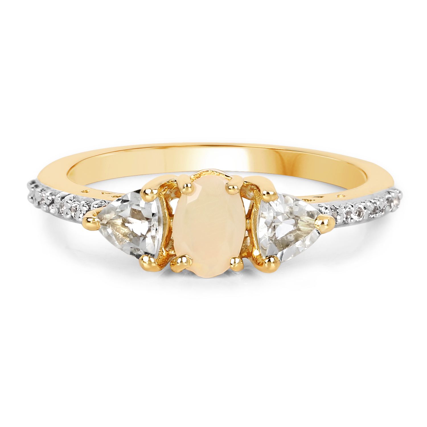 14K Yellow Gold Plated 0.79 Carat Genuine Ethiopian Opal, Green Amethyst and White Topaz .925 Sterling Silver Ring