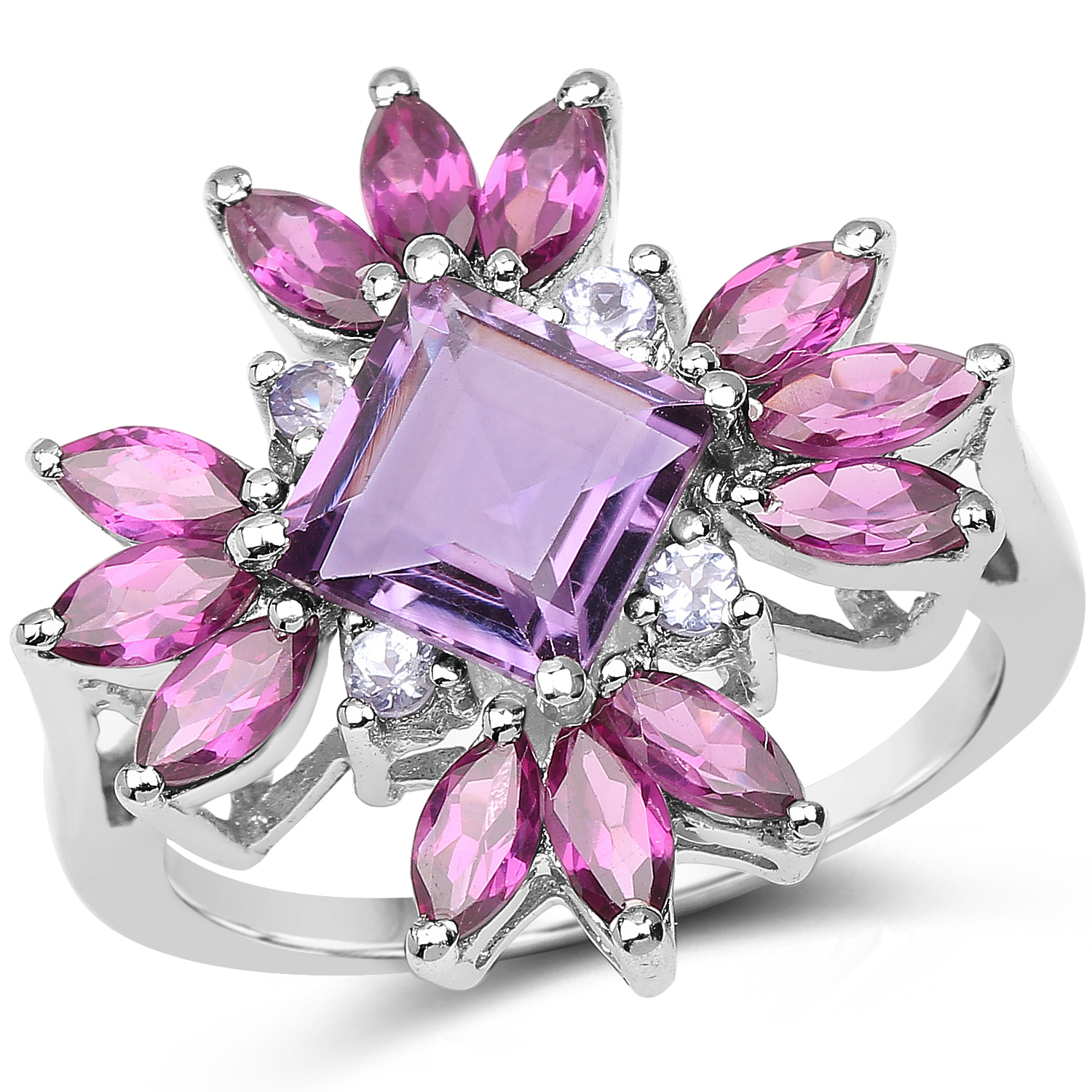 3.44 Carat Genuine Amethyst, Rhodolite and Tanzanite .925 Sterling Silver Ring
