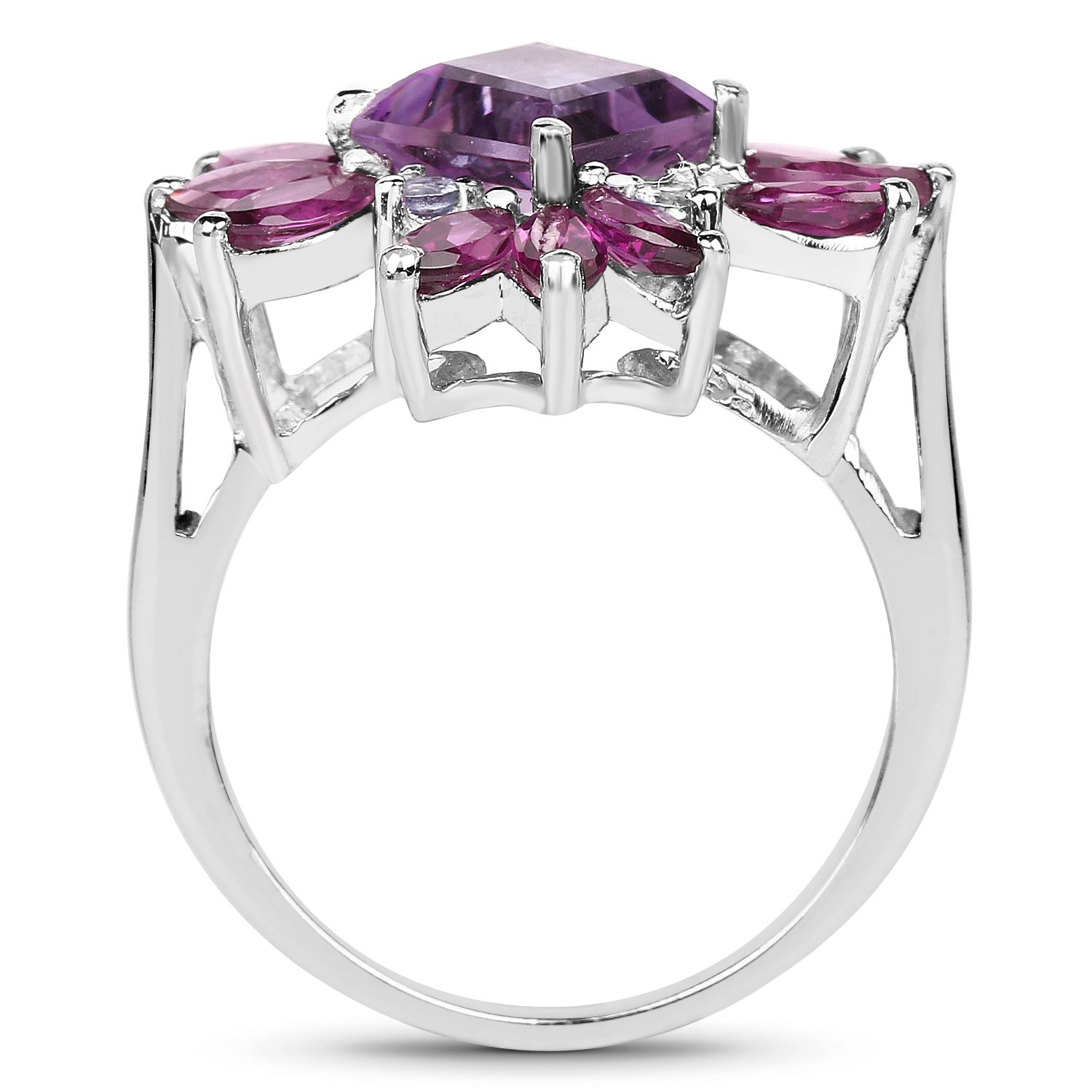 3.44 Carat Genuine Amethyst, Rhodolite and Tanzanite .925 Sterling Silver Ring