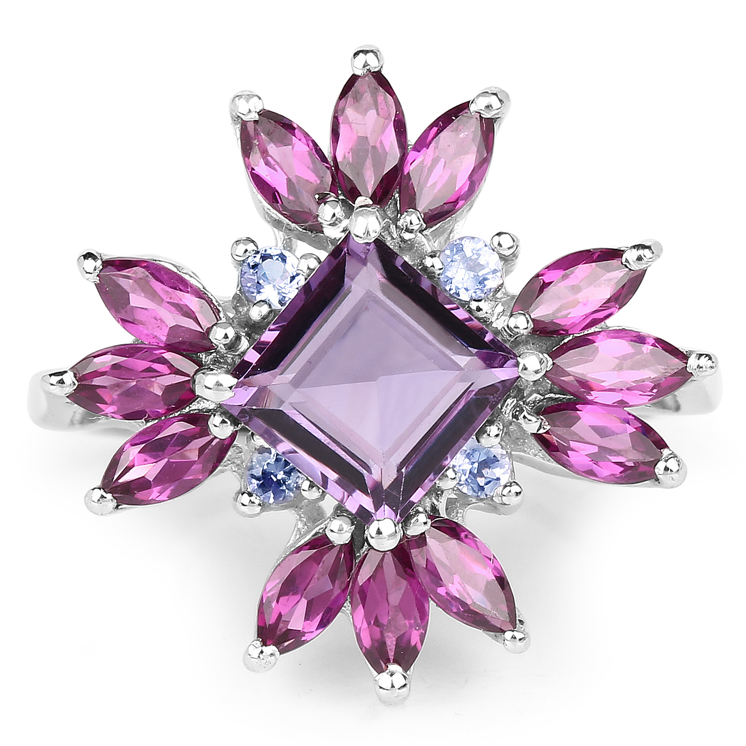 3.44 Carat Genuine Amethyst, Rhodolite and Tanzanite .925 Sterling Silver Ring