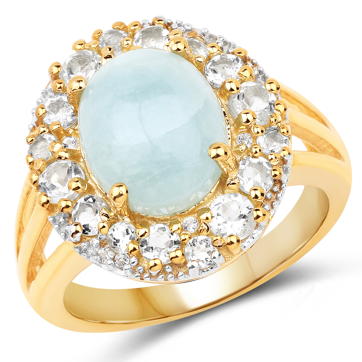 14K Yellow Gold Plated 6.72 Carat Genuine Aquamarine and White Topaz .925 Sterling Silver Ring