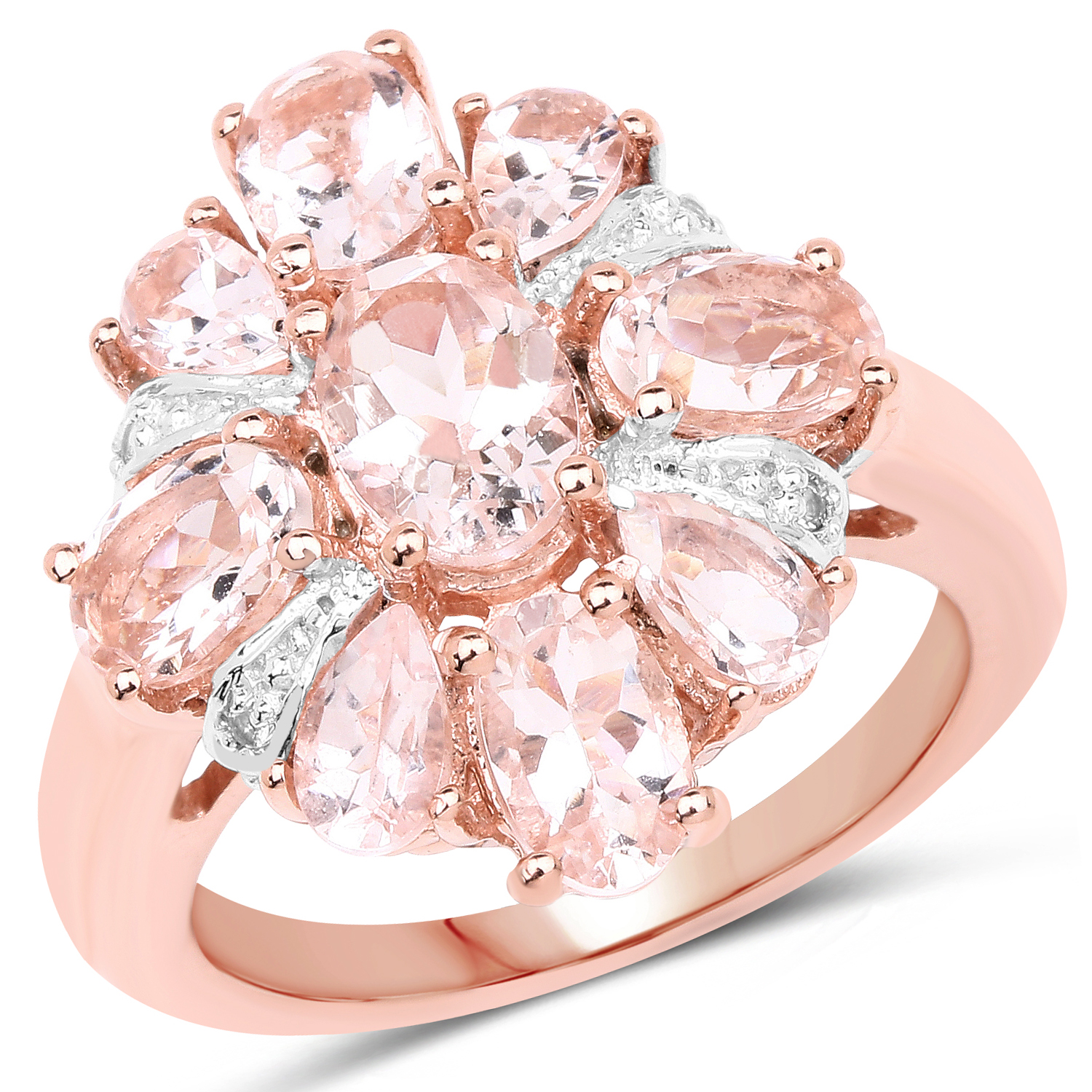 14K Rose Gold Plated 3.28 Carat Genuine Morganite and White Topaz .925 Sterling Silver Ring