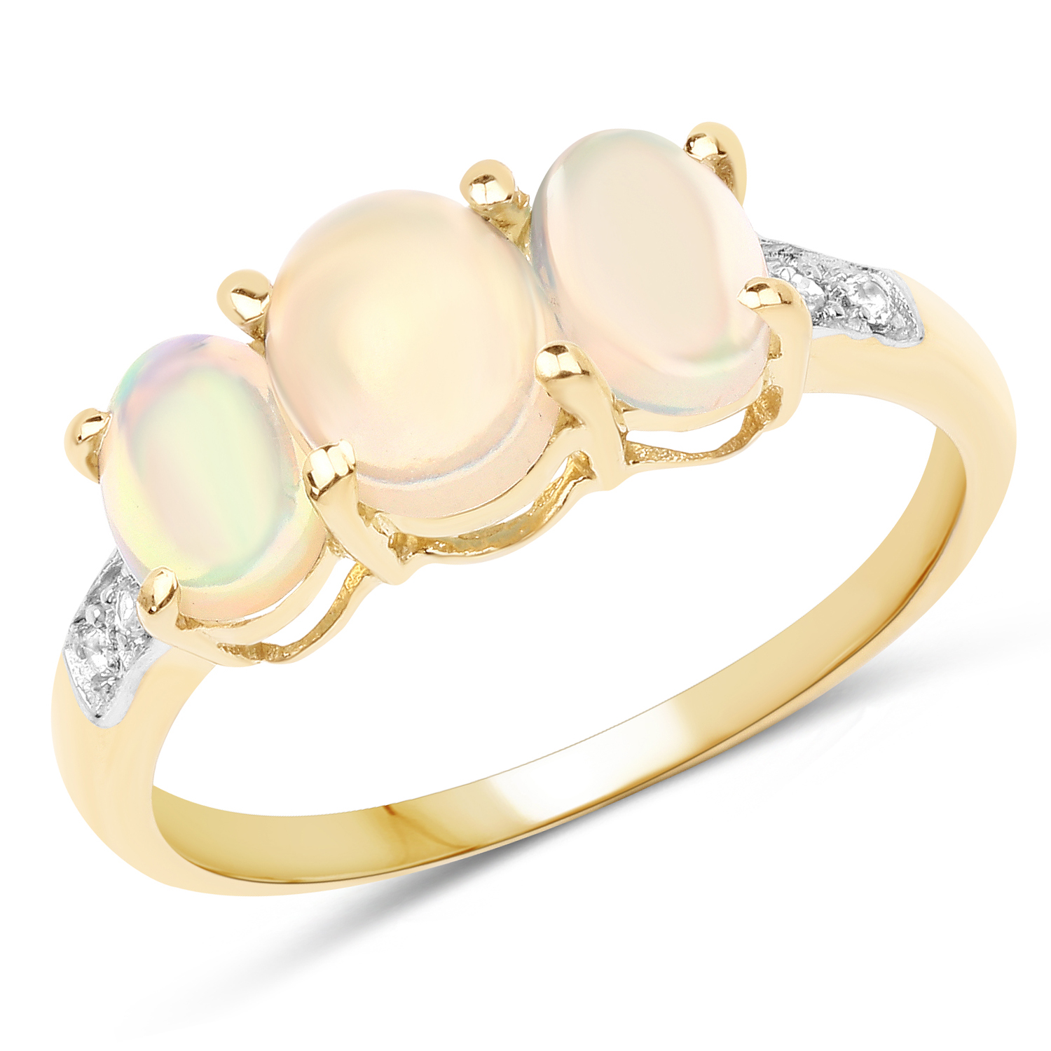 14K Yellow Gold Plated 1.85 Carat Genuine Ethiopian Opal and White Topaz .925 Sterling Silver Ring