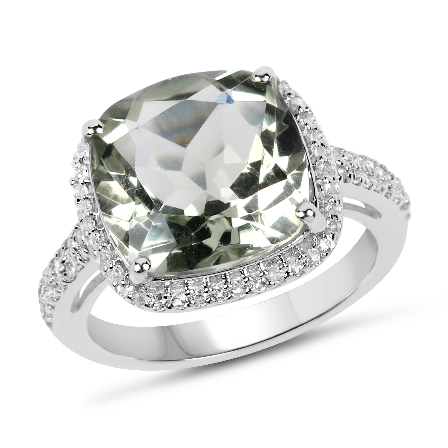 6.66 Carat Genuine Green Amethyst and White Topaz .925 Sterling Silver Ring