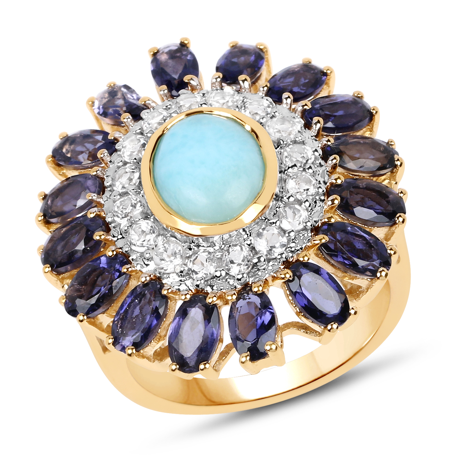 14K Yellow Gold Plated 6.48 Carat Genuine Larimar, Iolite and White Topaz .925 Sterling Silver Ring