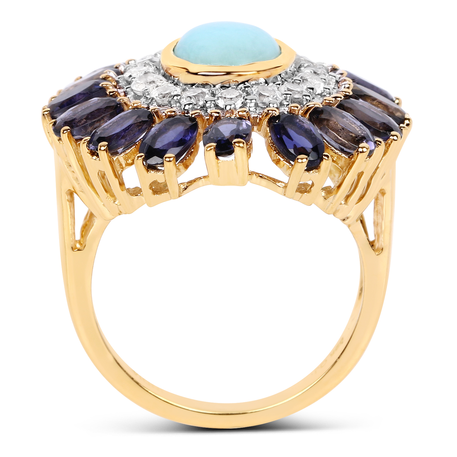 14K Yellow Gold Plated 6.48 Carat Genuine Larimar, Iolite and White Topaz .925 Sterling Silver Ring