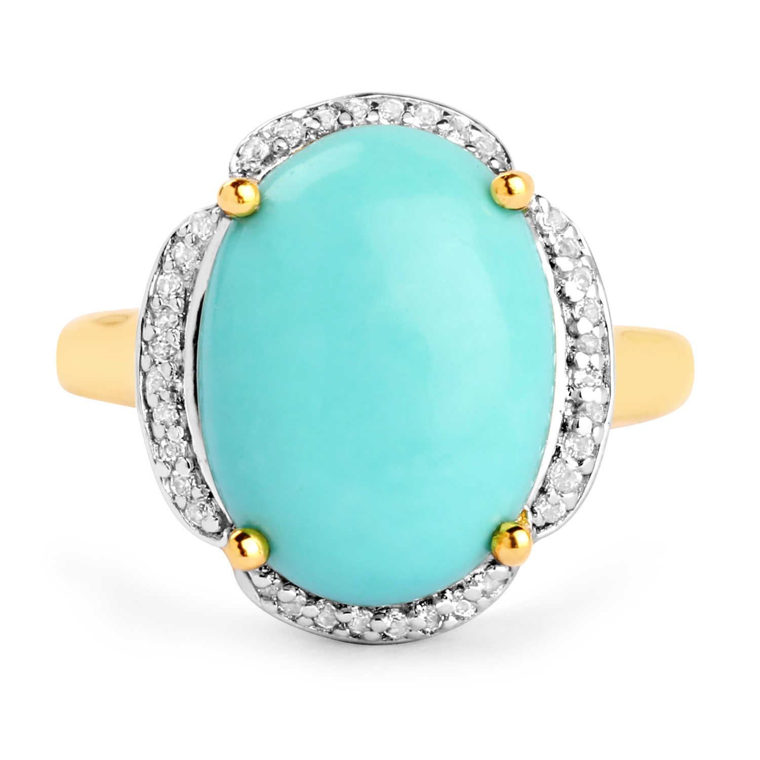 14K Yellow Gold Plated 7.04 Carat Genuine Turquoise & White Topaz .925 Sterling Silver Ring