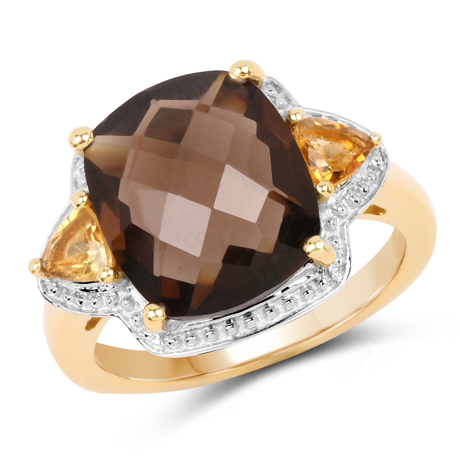 14K Yellow Gold Plated 5.95 Carat Genuine Smoky Quartz and Citrine .925 Sterling Silver Ring