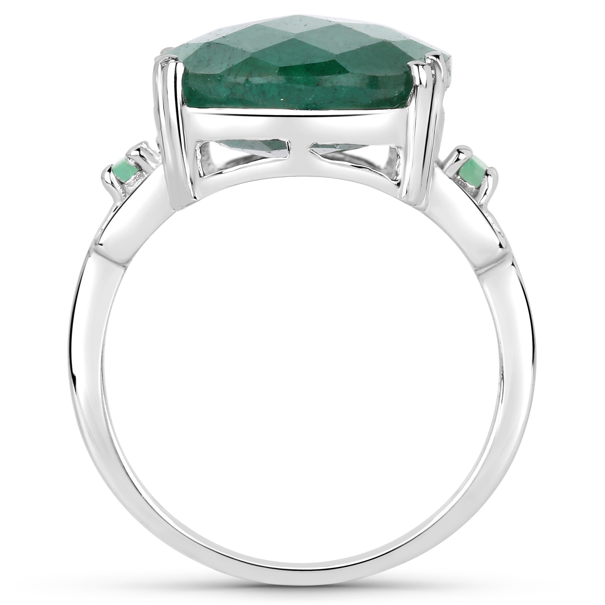 14K White Gold Plated 10.21 Carat Dyed Emerald & Emerald .925 Sterling Silver Ring