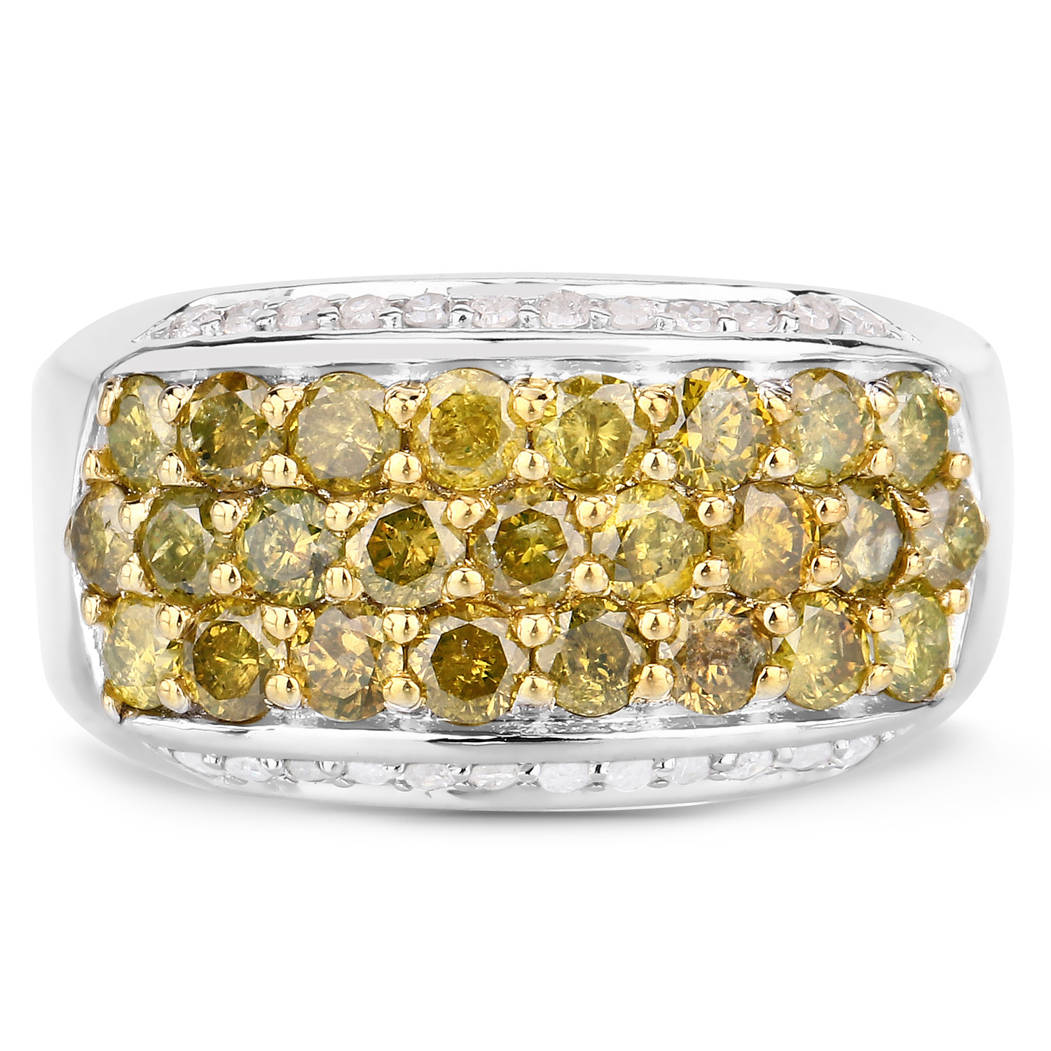 1.91 Carat Genuine Yellow Diamond and White Diamond .925 Sterling Silver Ring