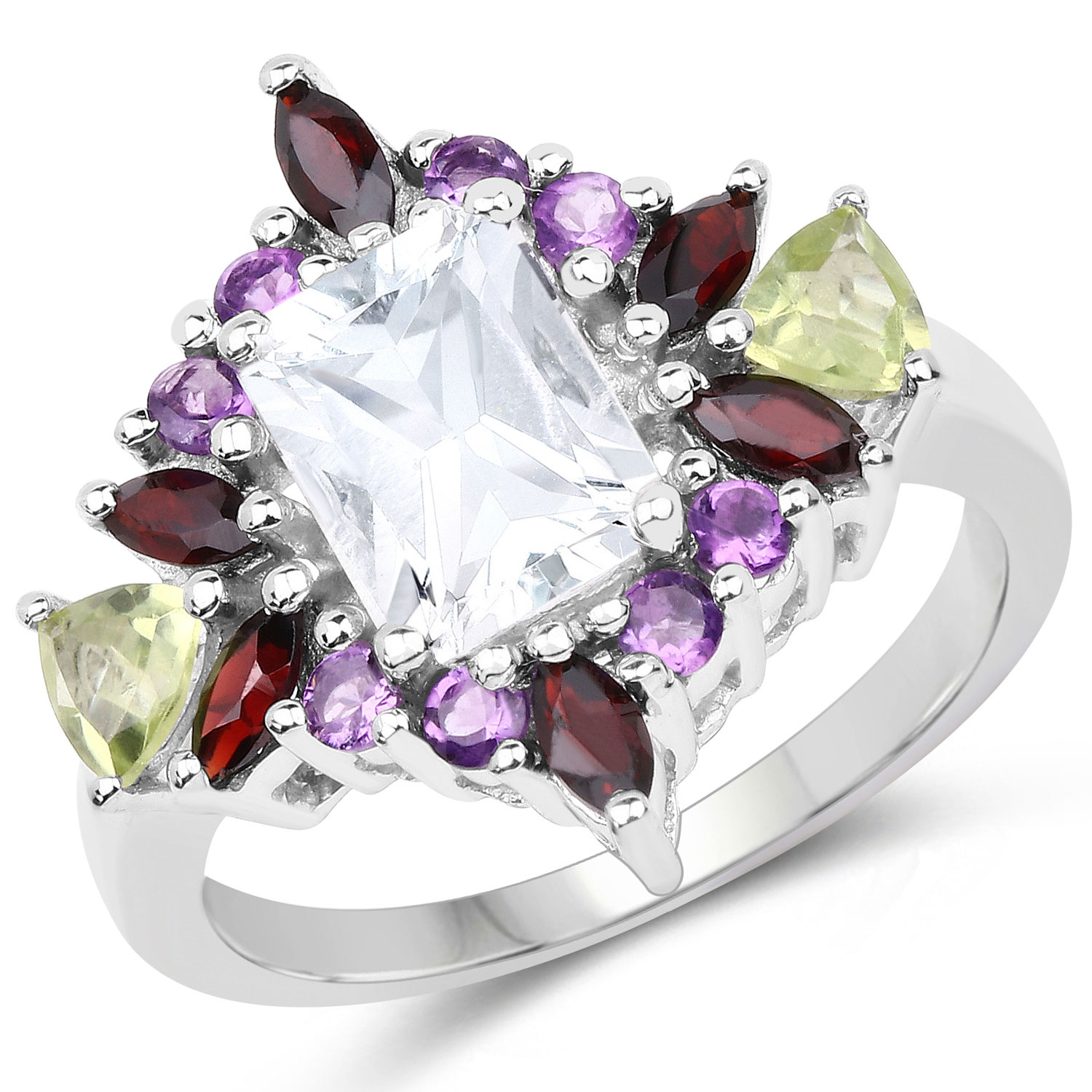 3.09 Carat Genuine Multi Stones .925 Sterling Silver Ring