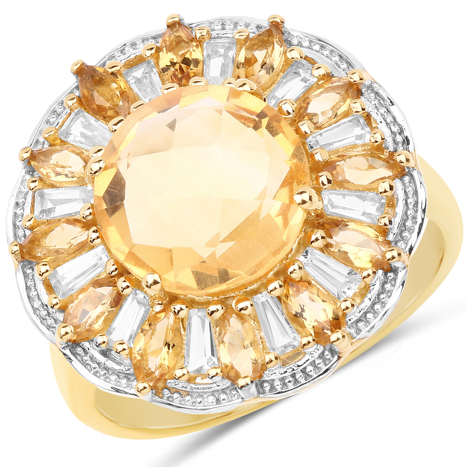 14K Yellow Gold Plated 4.89 Carat Genuine Citrine and White Topaz .925 Sterling Silver Ring