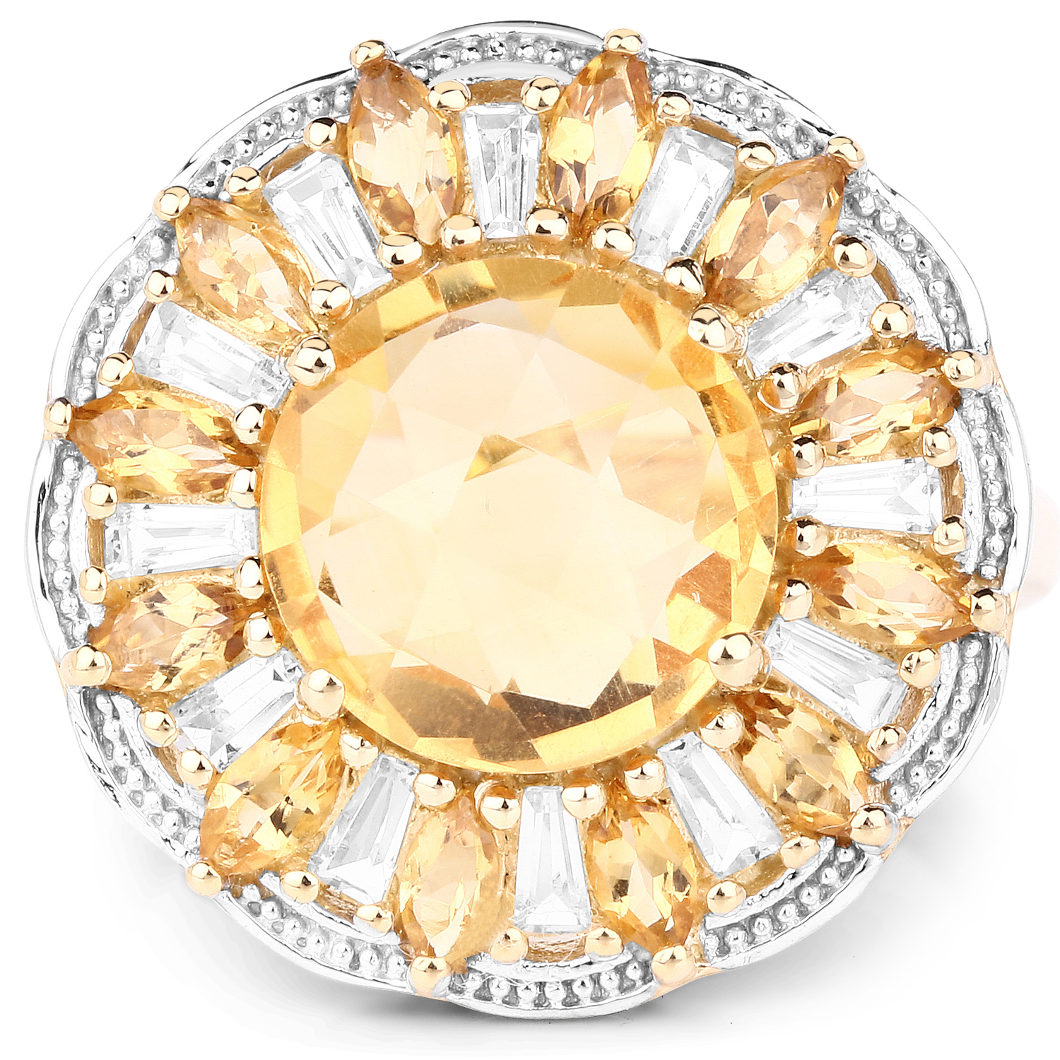 14K Yellow Gold Plated 4.89 Carat Genuine Citrine and White Topaz .925 Sterling Silver Ring