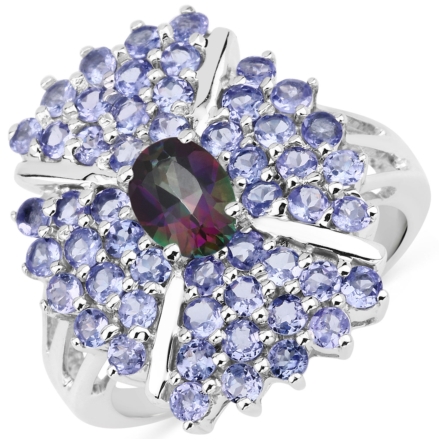 2.66 Carat Genuine Rainbow Quartz and Tanzanite .925 Sterling Silver Ring