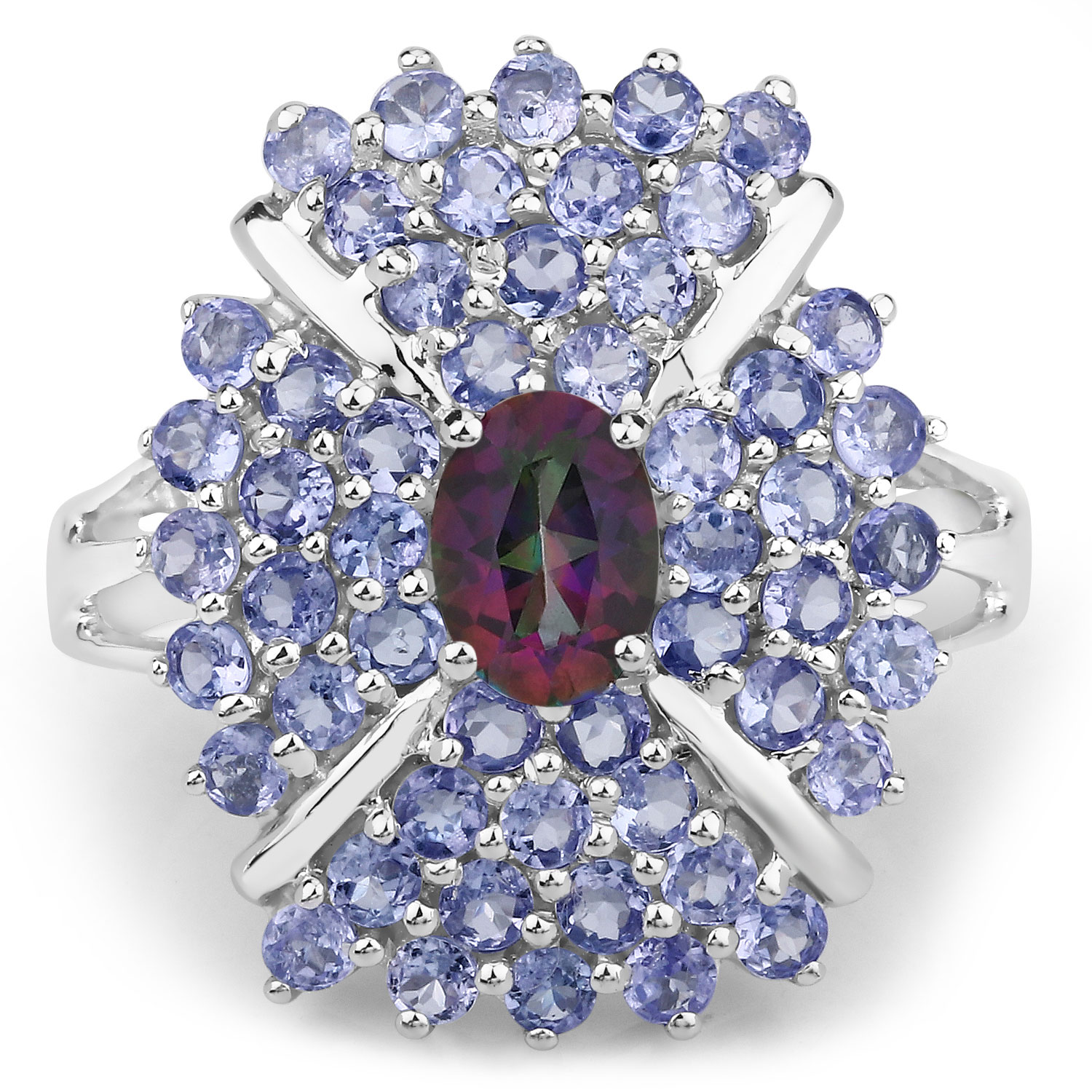 2.66 Carat Genuine Rainbow Quartz and Tanzanite .925 Sterling Silver Ring