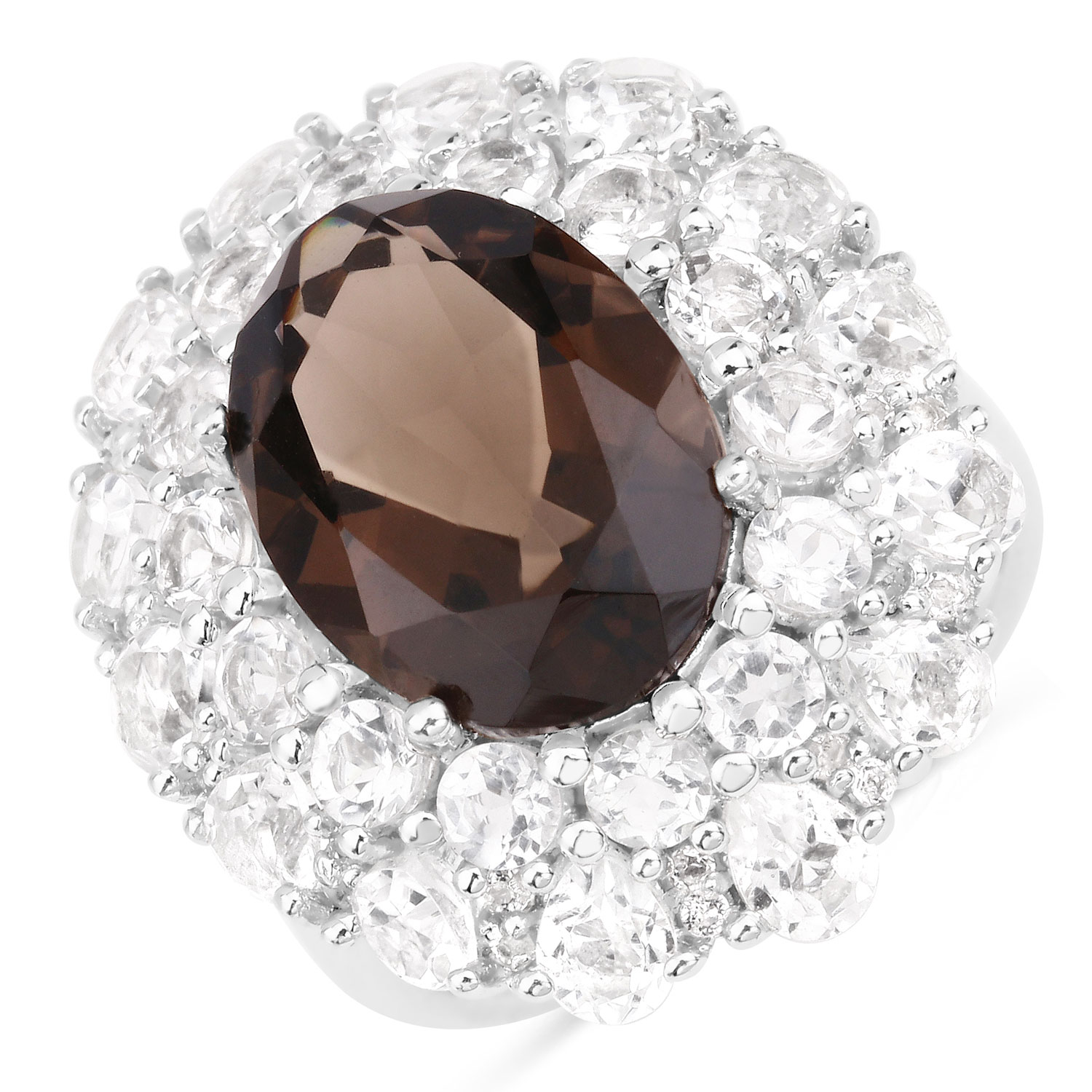 9.29 Carat Genuine Smoky Quartz and White Topaz .925 Sterling Silver Ring