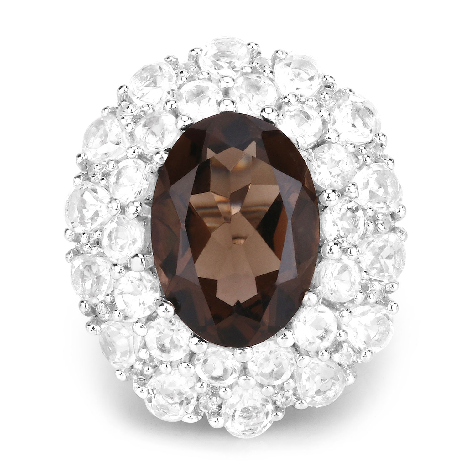 9.29 Carat Genuine Smoky Quartz and White Topaz .925 Sterling Silver Ring