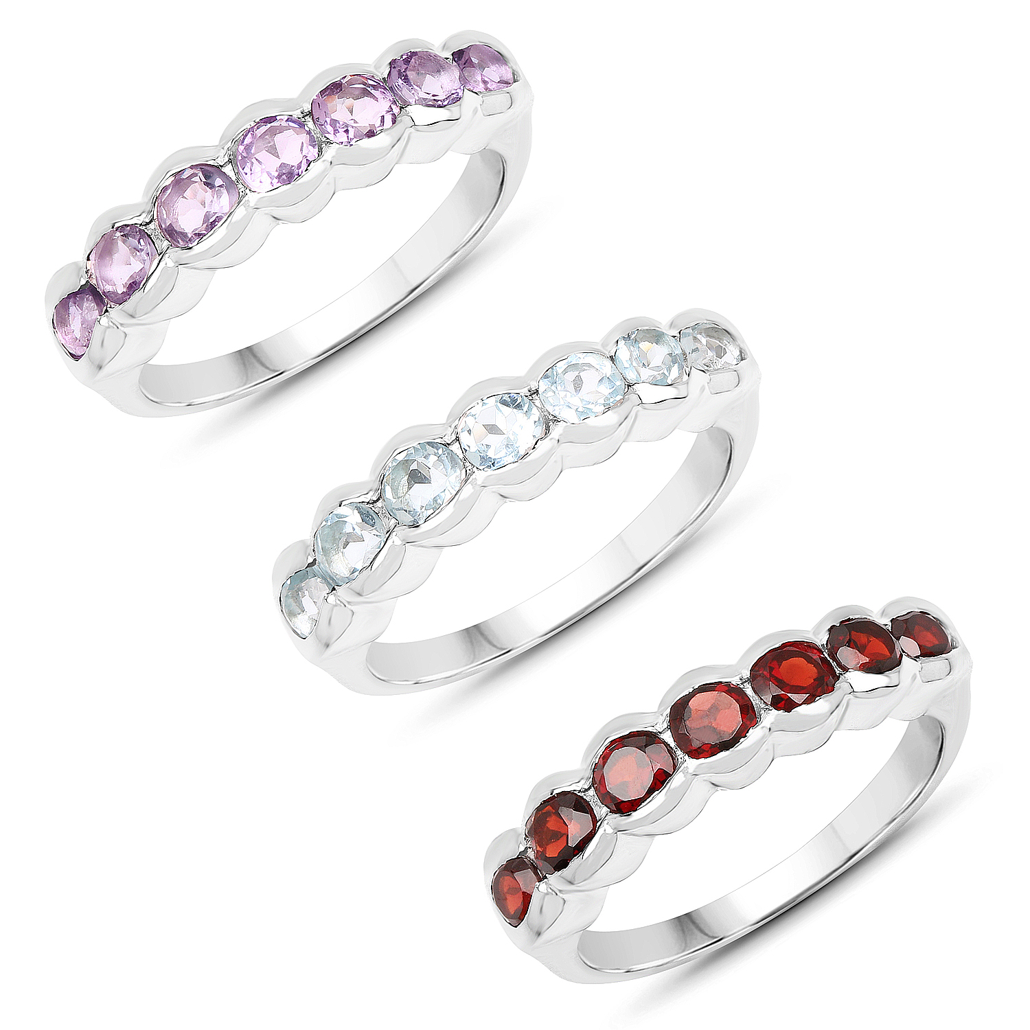 4.06 Carat Genuine Amethyst, Blue Topaz and Garnet .925 Sterling Silver Ring