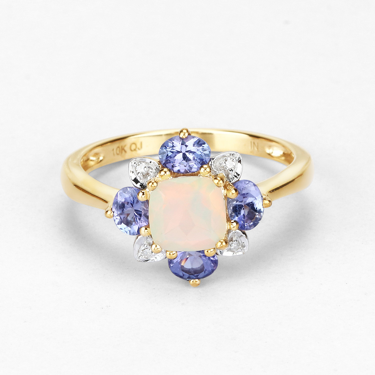 1.20 Carat Genuine Ethiopian Opal, Tanzanite and White Diamond 10K Yellow Gold Ring