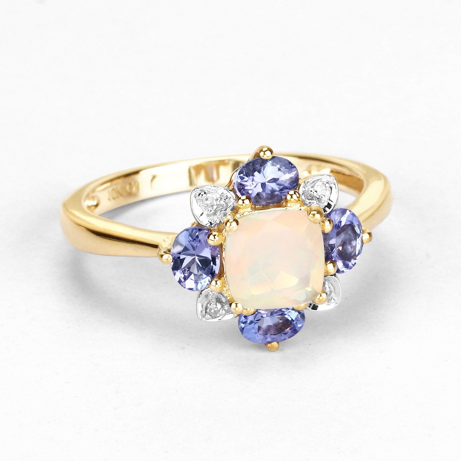 1.20 Carat Genuine Ethiopian Opal, Tanzanite and White Diamond 10K Yellow Gold Ring