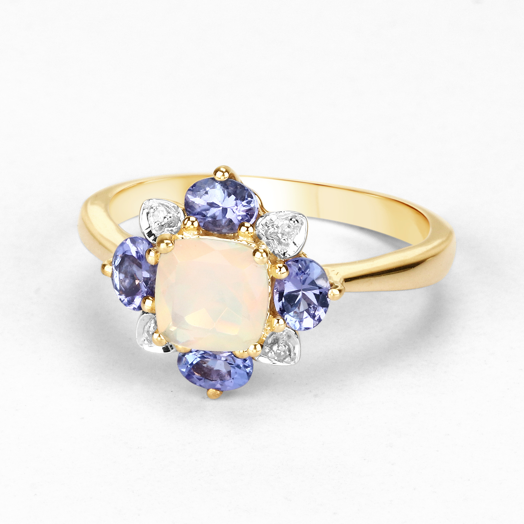 1.20 Carat Genuine Ethiopian Opal, Tanzanite and White Diamond 10K Yellow Gold Ring